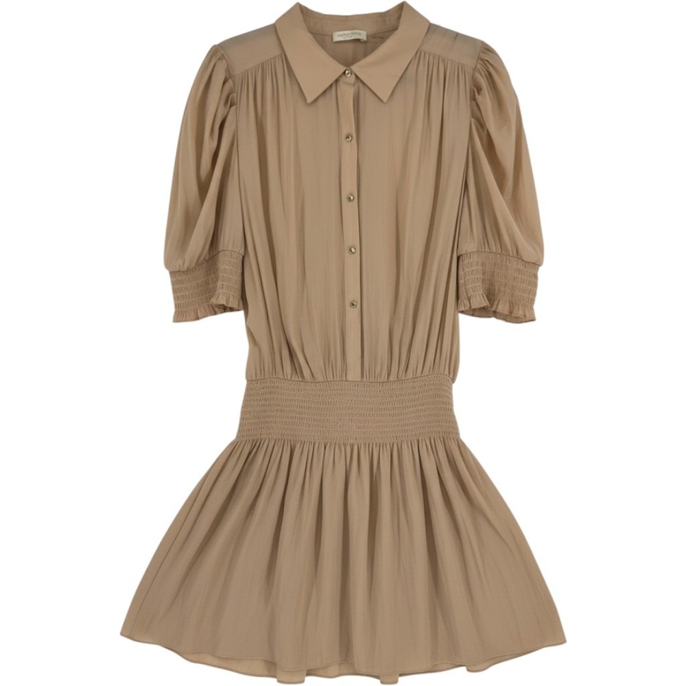 Ramy Brook Paris Silk Smocked Drop Waist Mini Dress L Champagne Old Money EUC